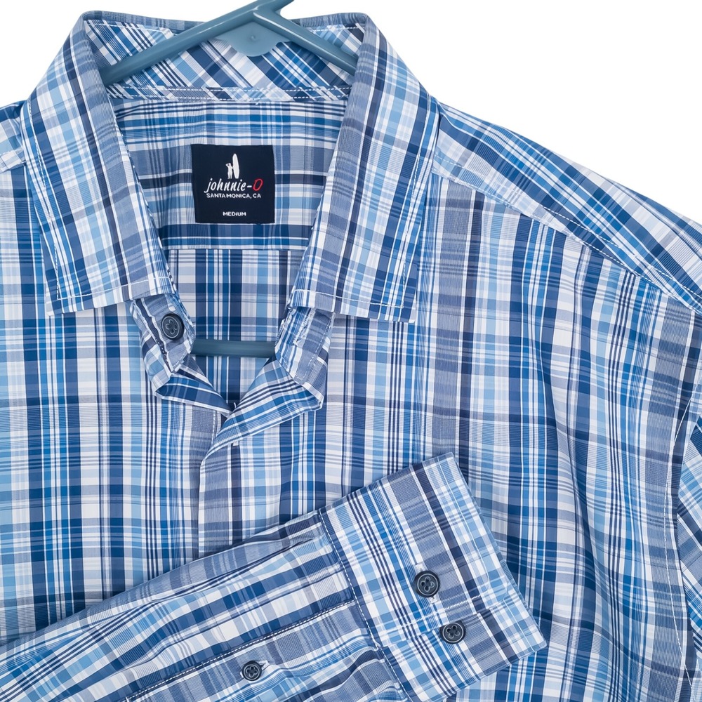 Johnnie-O Button Down Mens Medium Malibu Blue Masson Plaid Cotton Blend